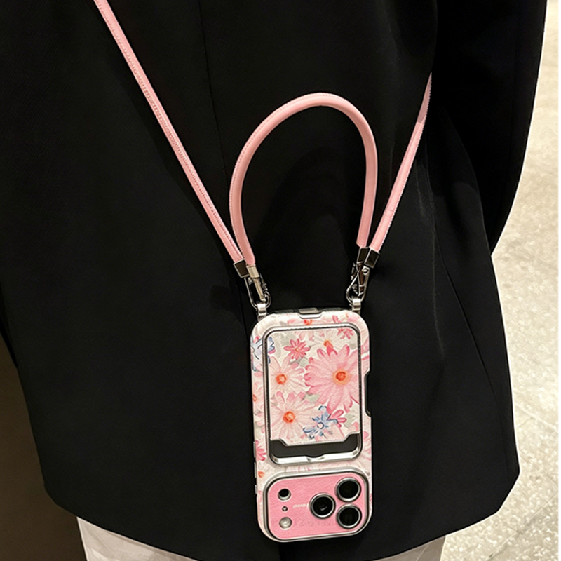 Phone Cases With Card Holder - Pink Floral Faux Leather Texture Card